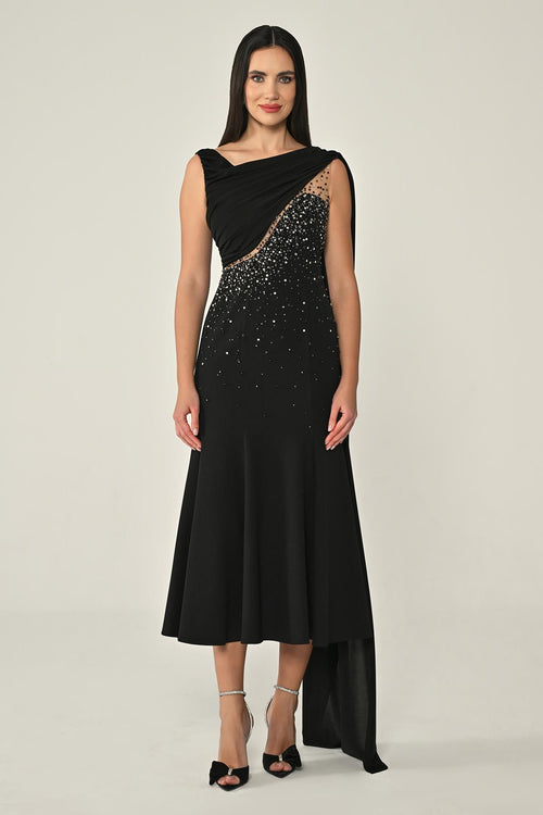 Crepe Midi Dress with Shawl Accessory and Stones