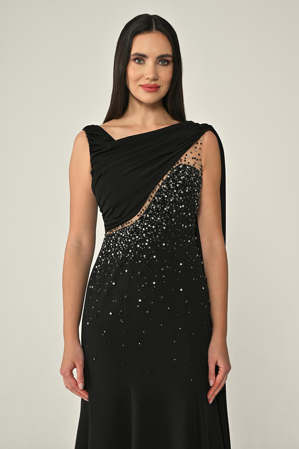Crepe Midi Dress with Shawl Accessory and Stones