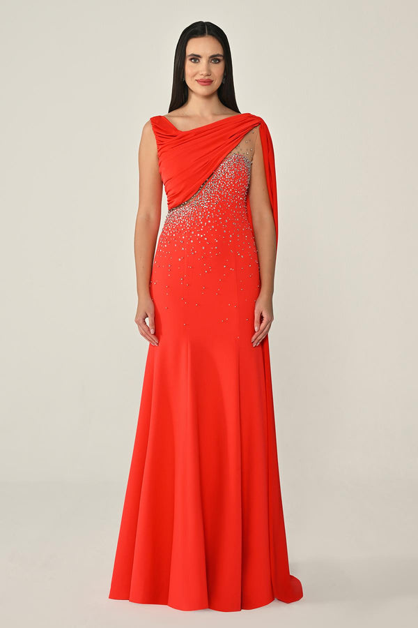 Crepe Long Dress with Stone Embellishments and Shawl Accessory