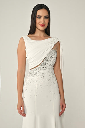 Crepe Long Dress with Stone Embellishments and Shawl Accessory