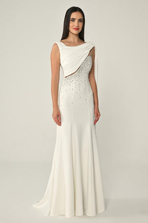 Crepe Long Dress with Stone Embellishments and Shawl Accessory