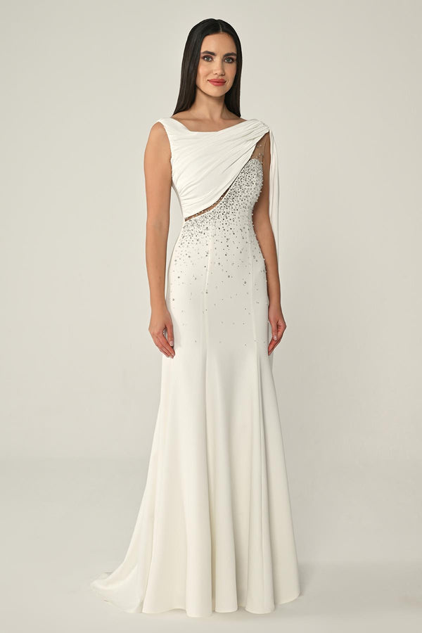 Crepe Long Dress with Stone Embellishments and Shawl Accessory