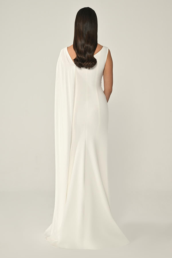 Crepe Long Dress with Stone Embellishments and Shawl Accessory