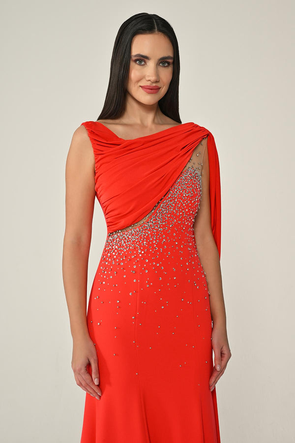 Crepe Long Dress with Stone Embellishments and Shawl Accessory