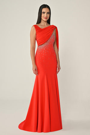 Crepe Long Dress with Stone Embellishments and Shawl Accessory