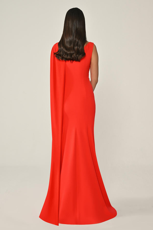 Crepe Long Dress with Stone Embellishments and Shawl Accessory