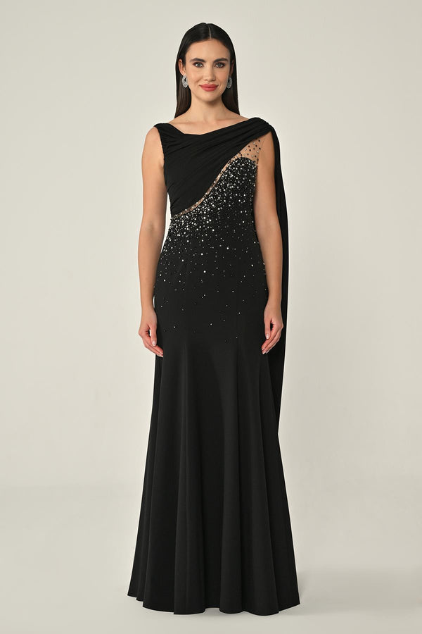 Crepe Long Dress with Stone Embellishments and Shawl Accessory