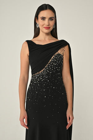 Crepe Long Dress with Stone Embellishments and Shawl Accessory