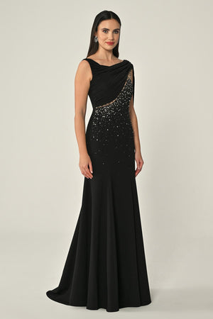Crepe Long Dress with Stone Embellishments and Shawl Accessory