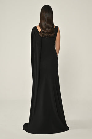 Crepe Long Dress with Stone Embellishments and Shawl Accessory