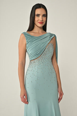 Crepe Long Dress with Stone Embellishments and Shawl Accessory