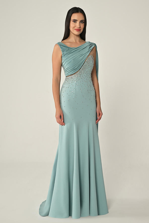 Crepe Long Dress with Stone Embellishments and Shawl Accessory