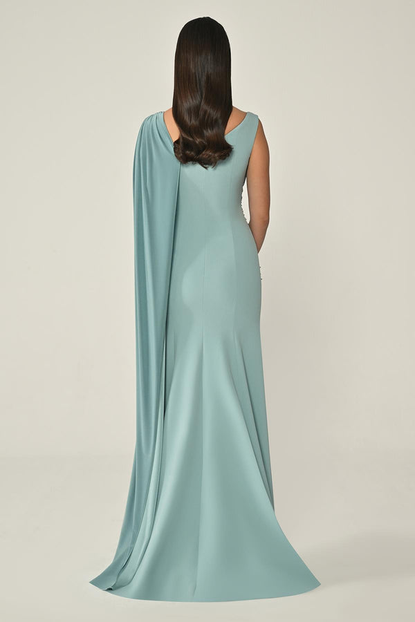 Crepe Long Dress with Stone Embellishments and Shawl Accessory