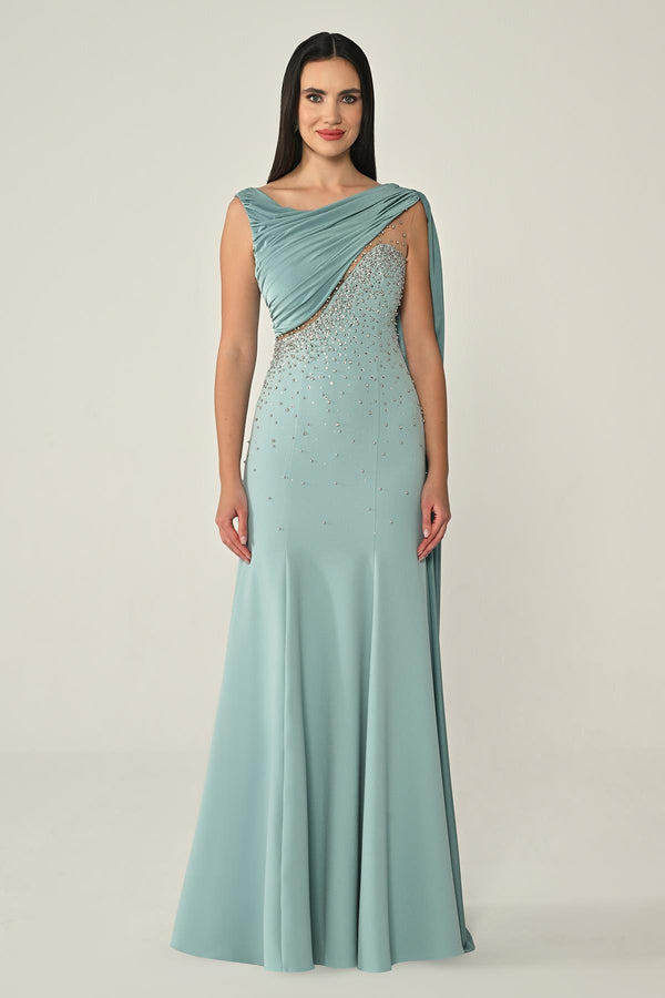 Crepe Long Dress with Stone Embellishments and Shawl Accessory