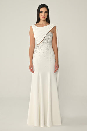 Crepe Long Dress with Stone Embellishments and Shawl Accessory