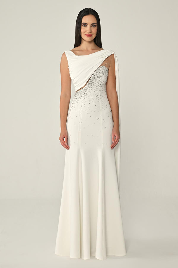 Crepe Long Dress with Stone Embellishments and Shawl Accessory