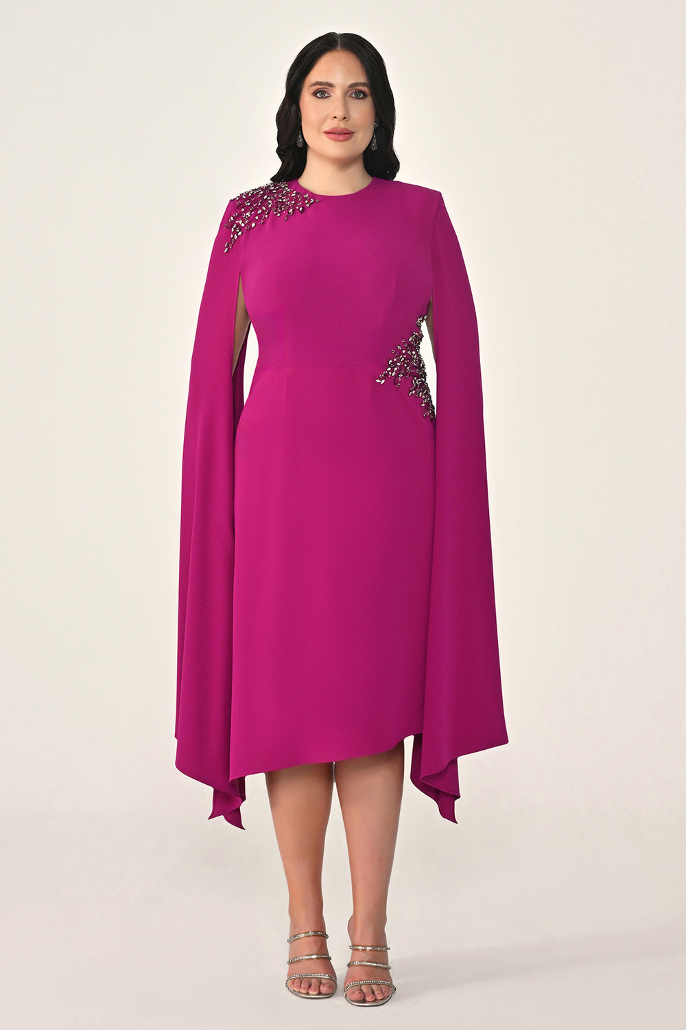 Knitted Fabric Midi Dress with Shawl Sleeves, Waist and Shoulder Accessories