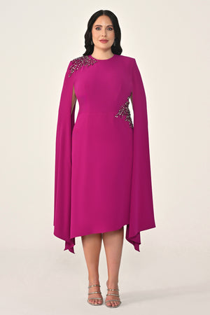 Knitted Fabric Midi Dress with Shawl Sleeves, Waist and Shoulder Accessories