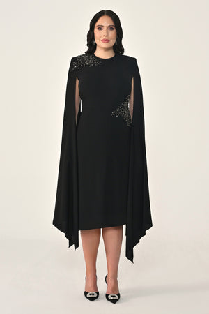 Knitted Fabric Midi Dress with Shawl Sleeves, Waist and Shoulder Accessories