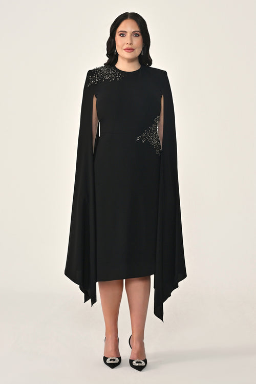 Knitted Fabric Midi Dress with Shawl Sleeves, Waist and Shoulder Accessories