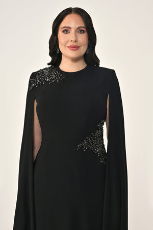 Knitted Fabric Midi Dress with Shawl Sleeves, Waist and Shoulder Accessories