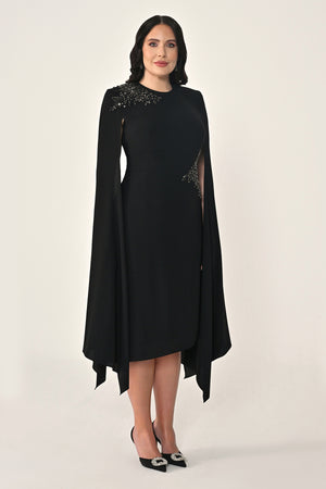 Knitted Fabric Midi Dress with Shawl Sleeves, Waist and Shoulder Accessories