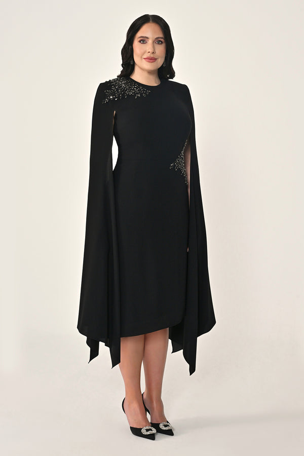 Knitted Fabric Midi Dress with Shawl Sleeves, Waist and Shoulder Accessories