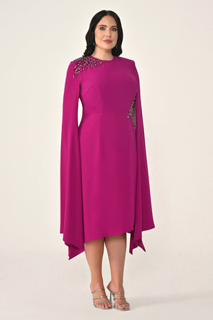 Knitted Fabric Midi Dress with Shawl Sleeves, Waist and Shoulder Accessories