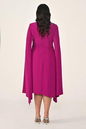 Knitted Fabric Midi Dress with Shawl Sleeves, Waist and Shoulder Accessories