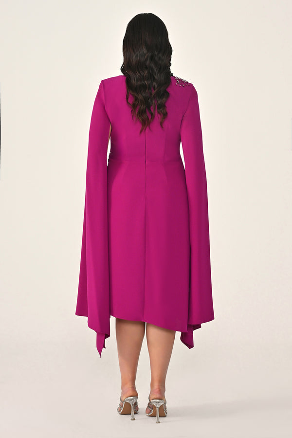 Knitted Fabric Midi Dress with Shawl Sleeves, Waist and Shoulder Accessories