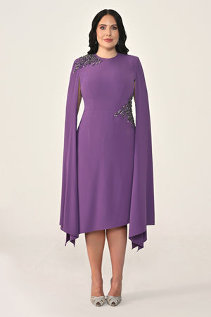 Knitted Fabric Midi Dress with Shawl Sleeves, Waist and Shoulder Accessories