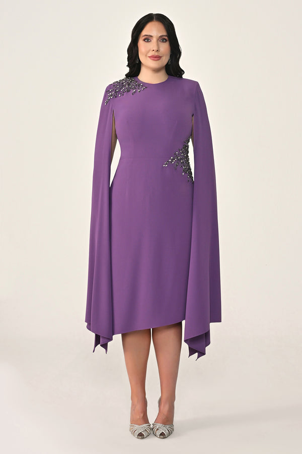 Knitted Fabric Midi Dress with Shawl Sleeves, Waist and Shoulder Accessories