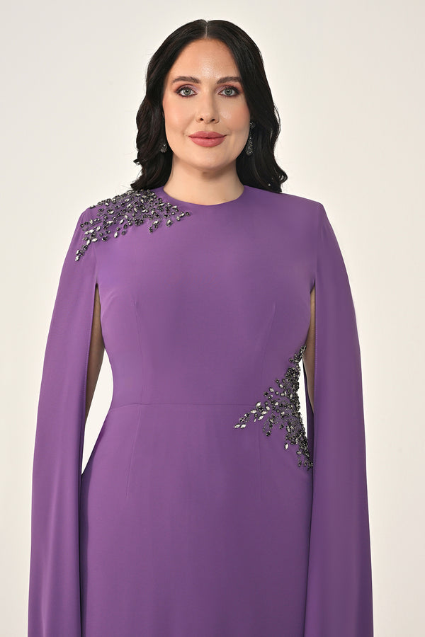 Knitted Fabric Midi Dress with Shawl Sleeves, Waist and Shoulder Accessories