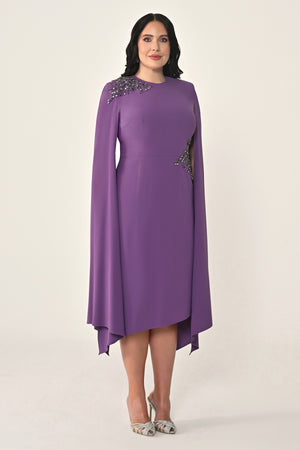 Knitted Fabric Midi Dress with Shawl Sleeves, Waist and Shoulder Accessories