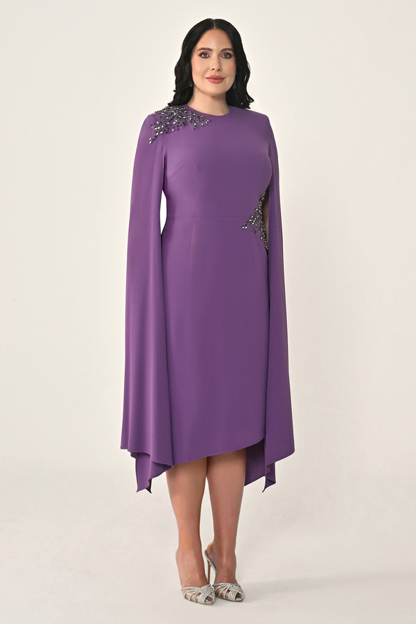 Knitted Fabric Midi Dress with Shawl Sleeves, Waist and Shoulder Accessories