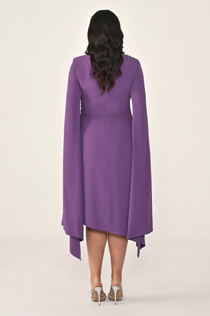 Knitted Fabric Midi Dress with Shawl Sleeves, Waist and Shoulder Accessories