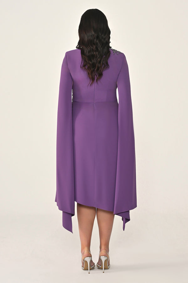 Knitted Fabric Midi Dress with Shawl Sleeves, Waist and Shoulder Accessories