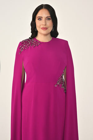 Knitted Fabric Midi Dress with Shawl Sleeves, Waist and Shoulder Accessories