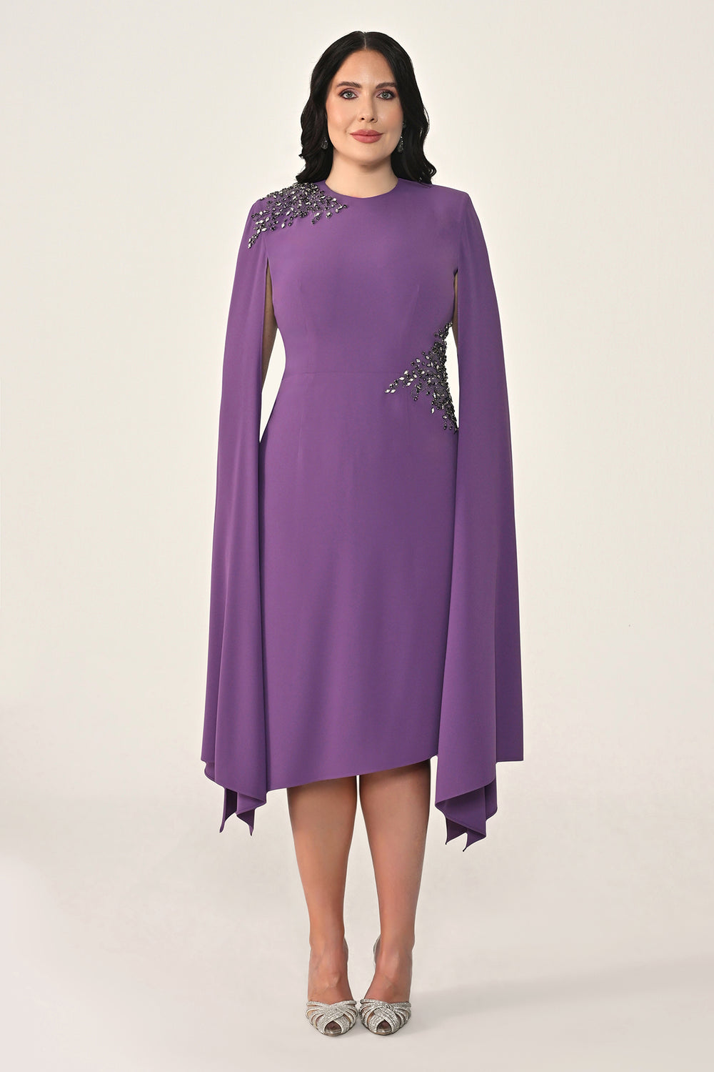 Knitted Fabric Midi Dress with Shawl Sleeves, Waist and Shoulder Accessories