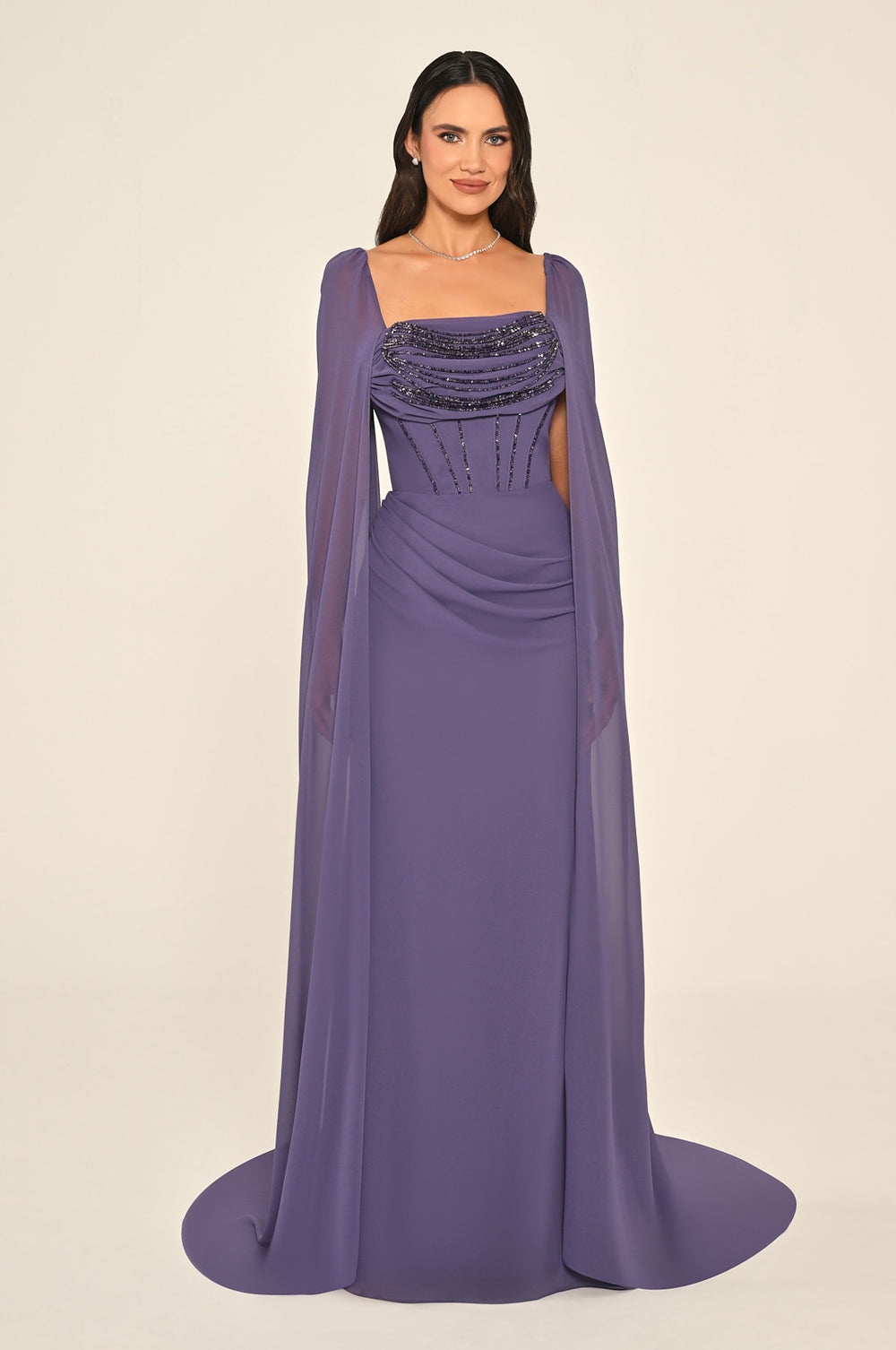 Shawl Collar Draped Beaded Chiffon Long Dress
