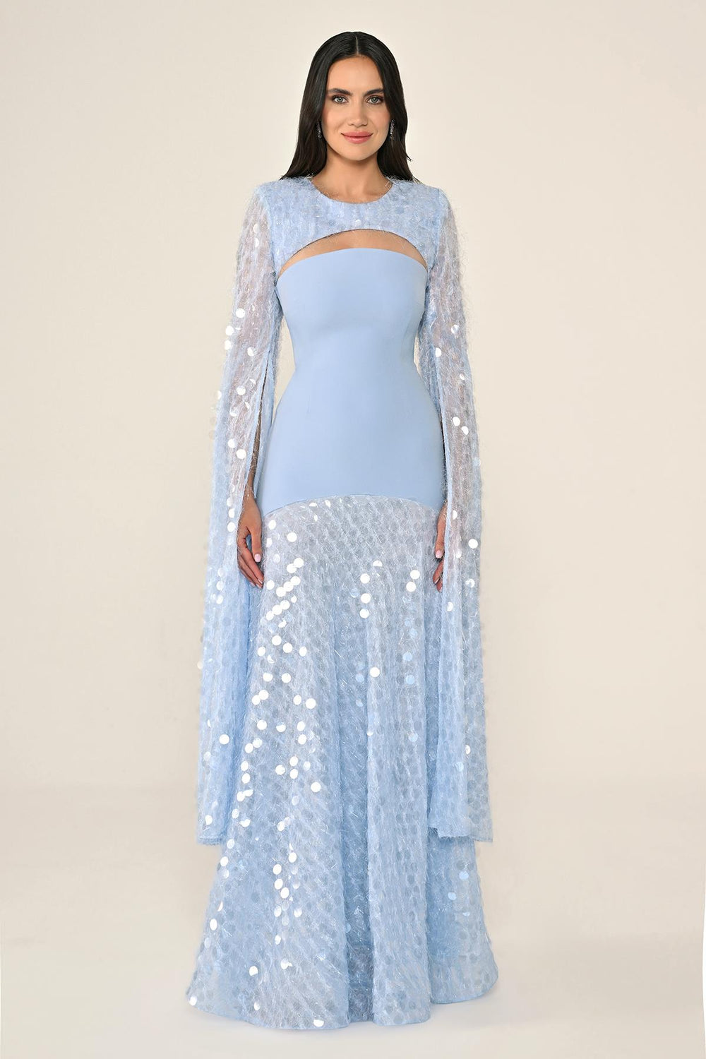 Long Crepe Dress with Sequin Embellished Shawl Collar