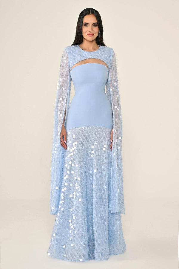 Long Crepe Dress with Sequin Embellished Shawl Collar