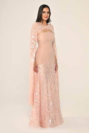 Long Crepe Dress with Sequin Embellished Shawl Collar