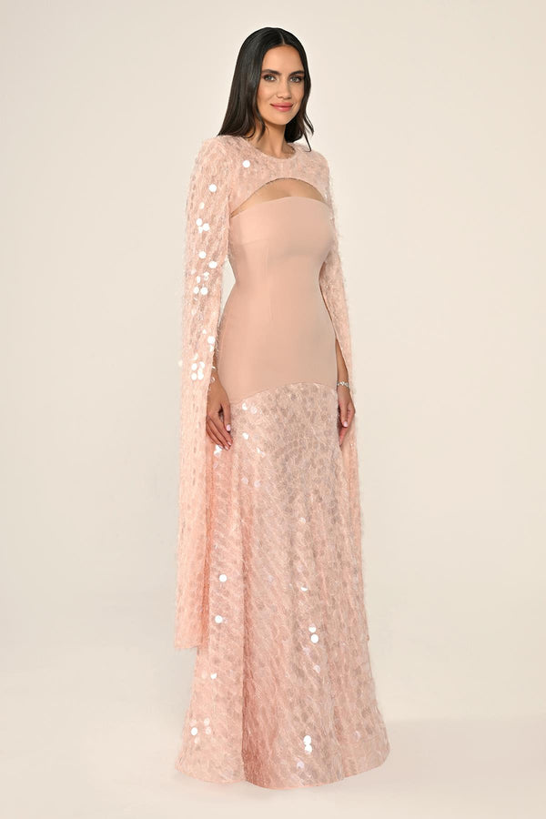 Long Crepe Dress with Sequin Embellished Shawl Collar