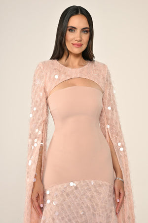 Long Crepe Dress with Sequin Embellished Shawl Collar