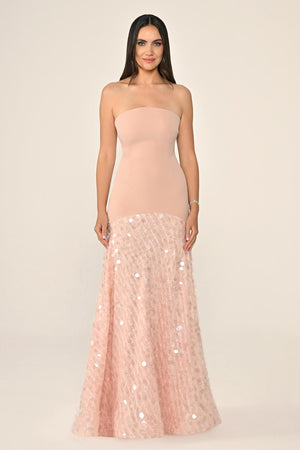 Long Crepe Dress with Sequin Embellished Shawl Collar