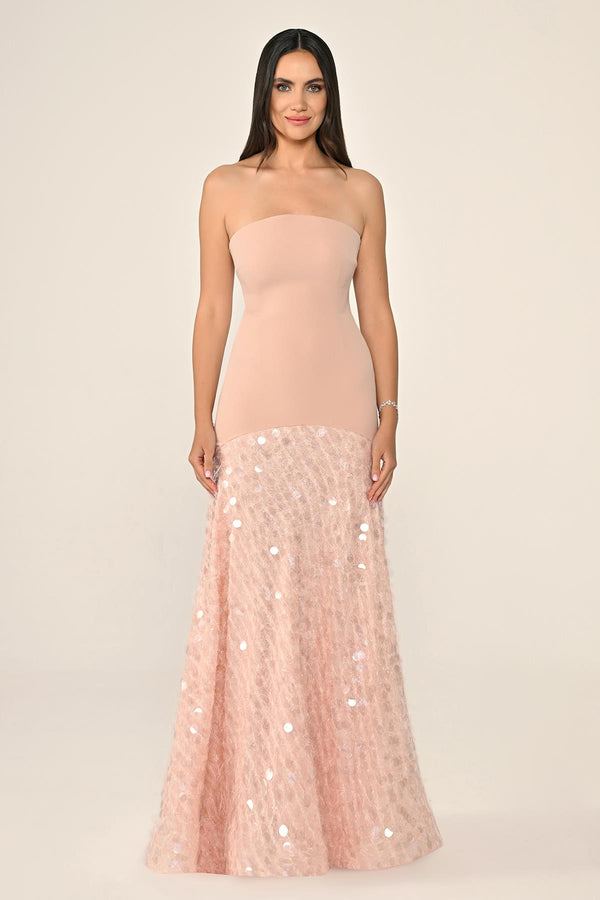 Long Crepe Dress with Sequin Embellished Shawl Collar
