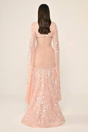 Long Crepe Dress with Sequin Embellished Shawl Collar