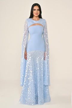 Long Crepe Dress with Sequin Embellished Shawl Collar
