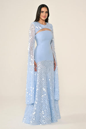 Long Crepe Dress with Sequin Embellished Shawl Collar